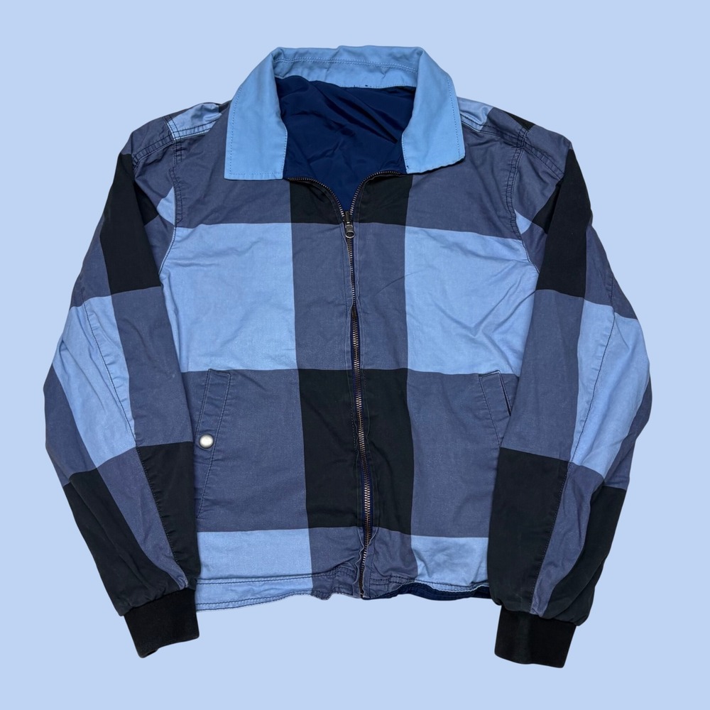 Mens Blue Buffalo Check Harrington Jacket Zip Up Plaid Bomber Coat